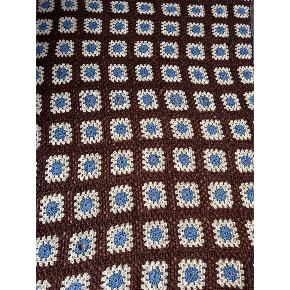 Big Granny Square Crochet Afghan Blanket Sofa Rosanne 82"x57" brown blue Beige